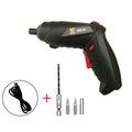 Black and grey rechargeable lithium battery screwdriver with pistol grip, USB cable, and assorted screwdriver bits.