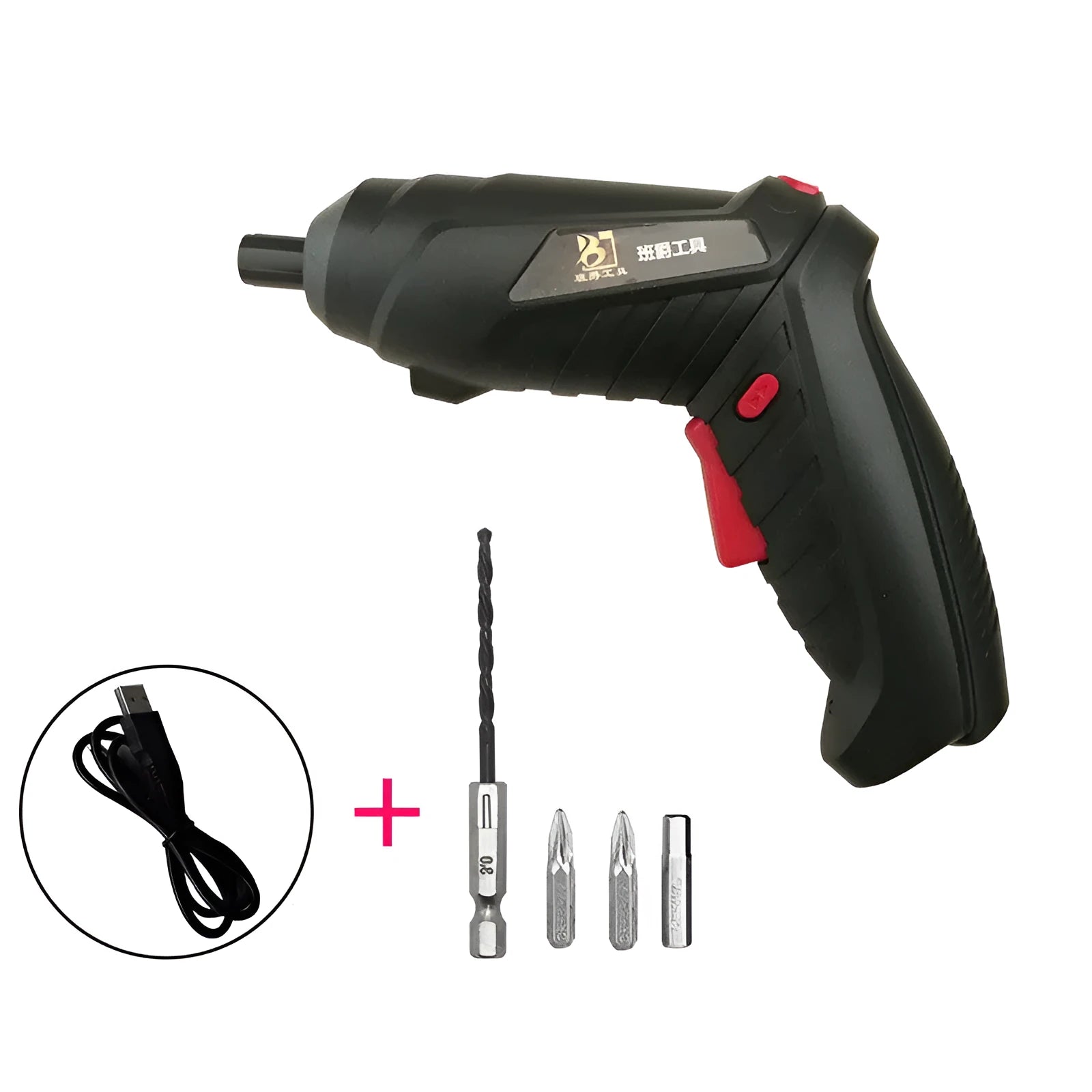 Black and grey rechargeable lithium battery screwdriver with pistol grip, USB cable, and assorted screwdriver bits.