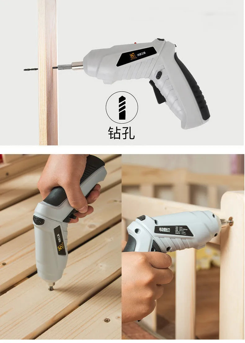 Black and grey rechargeable lithium battery screwdriver with pistol grip, USB cable, and assorted screwdriver bits.