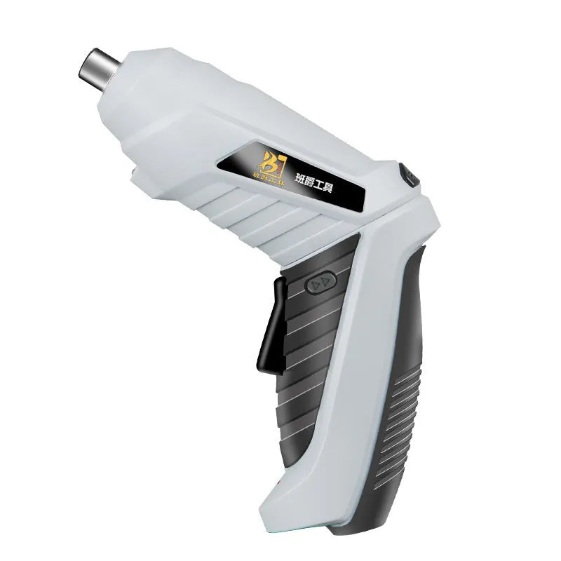 Black and grey rechargeable lithium battery screwdriver with pistol grip, USB cable, and assorted screwdriver bits.