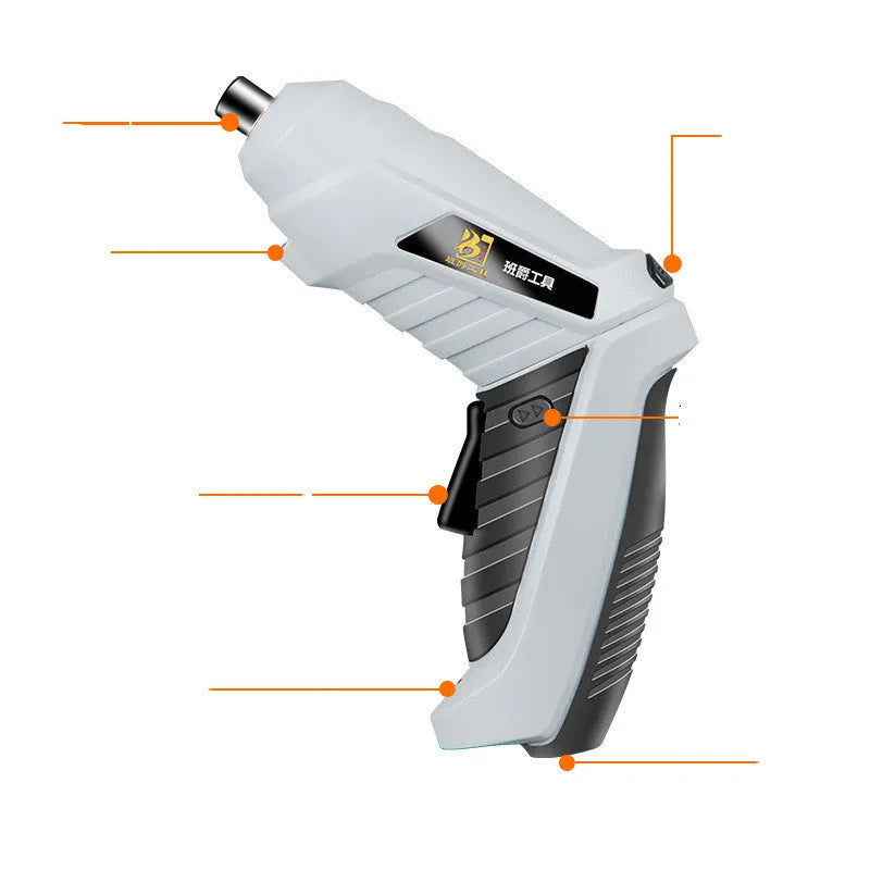 Black and grey rechargeable lithium battery screwdriver with pistol grip, USB cable, and assorted screwdriver bits.
