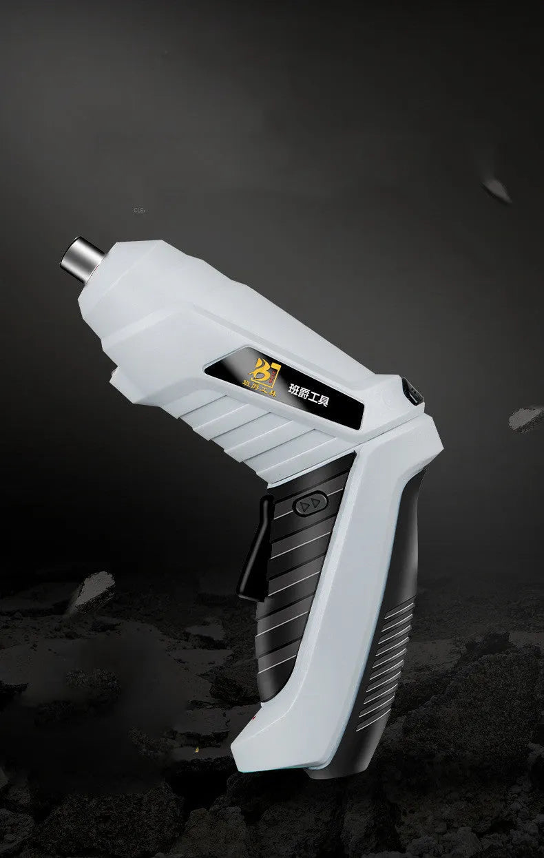 Black and grey rechargeable lithium battery screwdriver with pistol grip, USB cable, and assorted screwdriver bits.