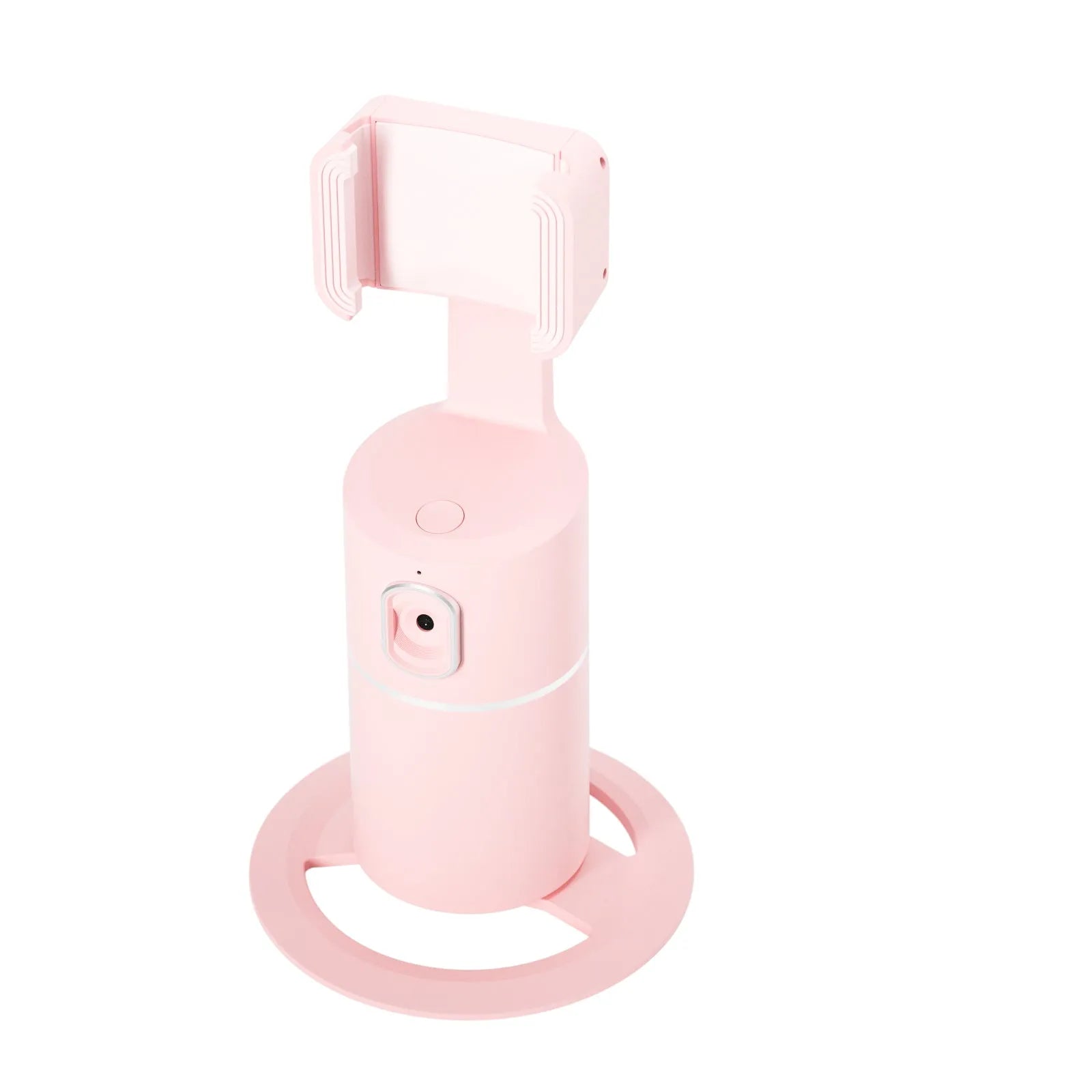 Black smartphone gimbal with clip, showing 360-degree rotation and AI face tracking features for video stabilisation