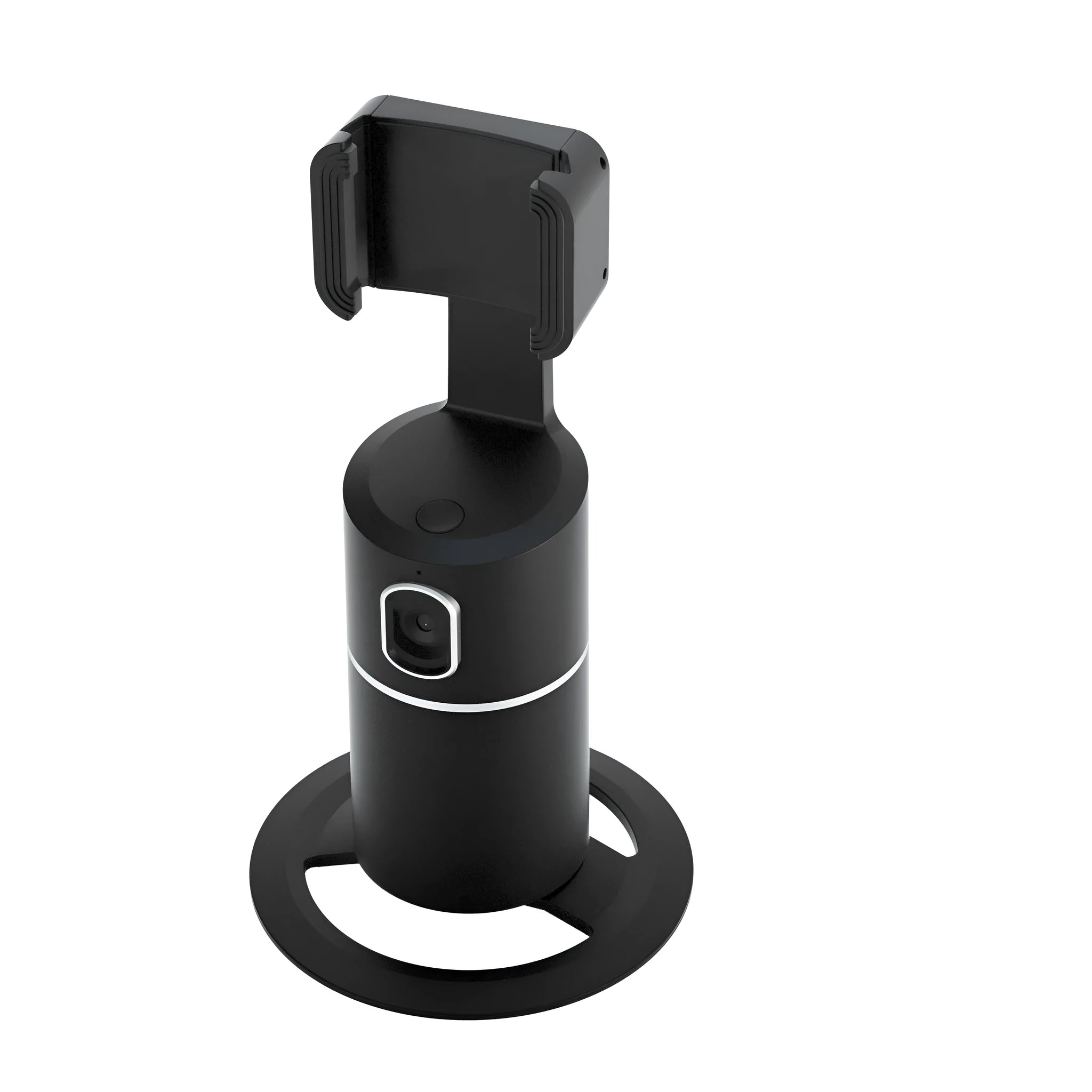 Black smartphone gimbal with clip, showing 360-degree rotation and AI face tracking features for video stabilisation