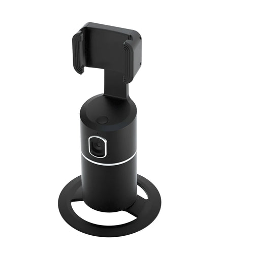 Black smartphone gimbal with clip, showing 360-degree rotation and AI face tracking features for video stabilisation