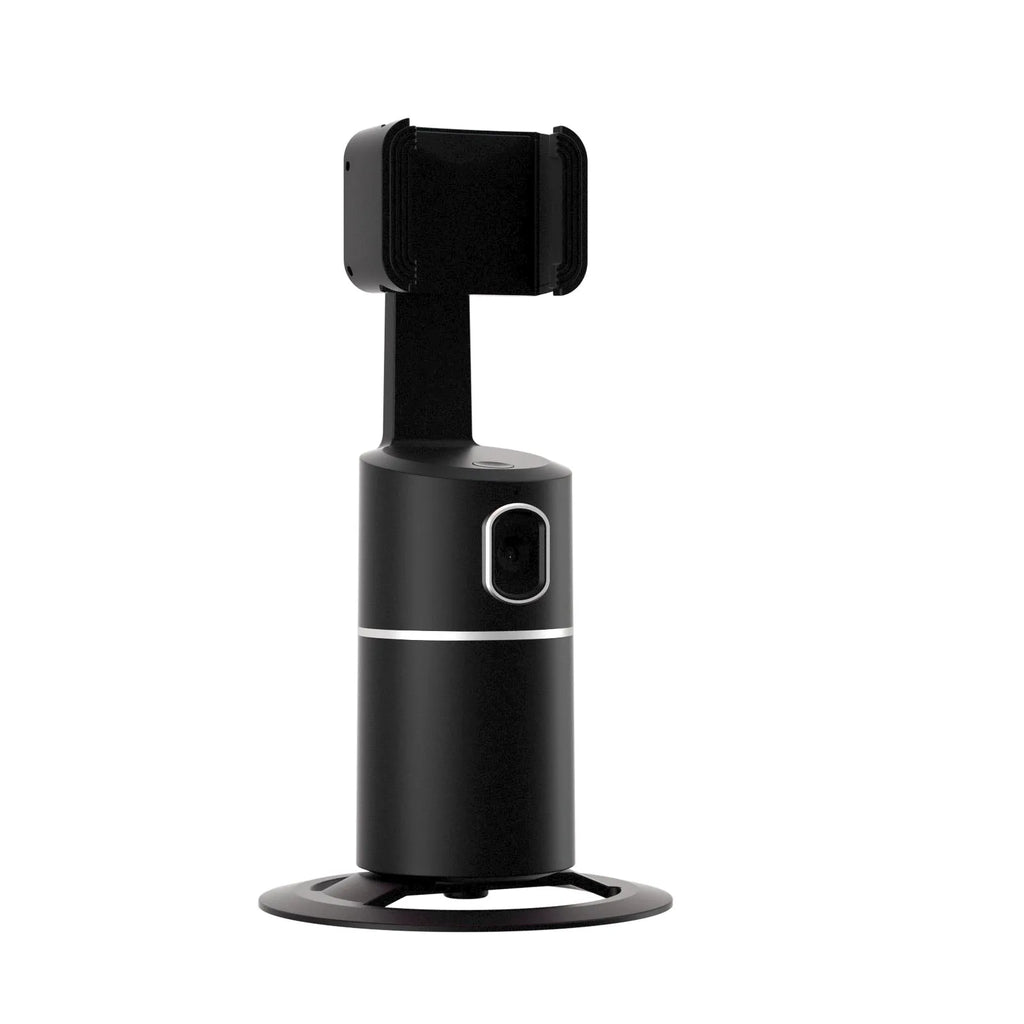 Black smartphone gimbal with clip, showing 360-degree rotation and AI face tracking features for video stabilisation