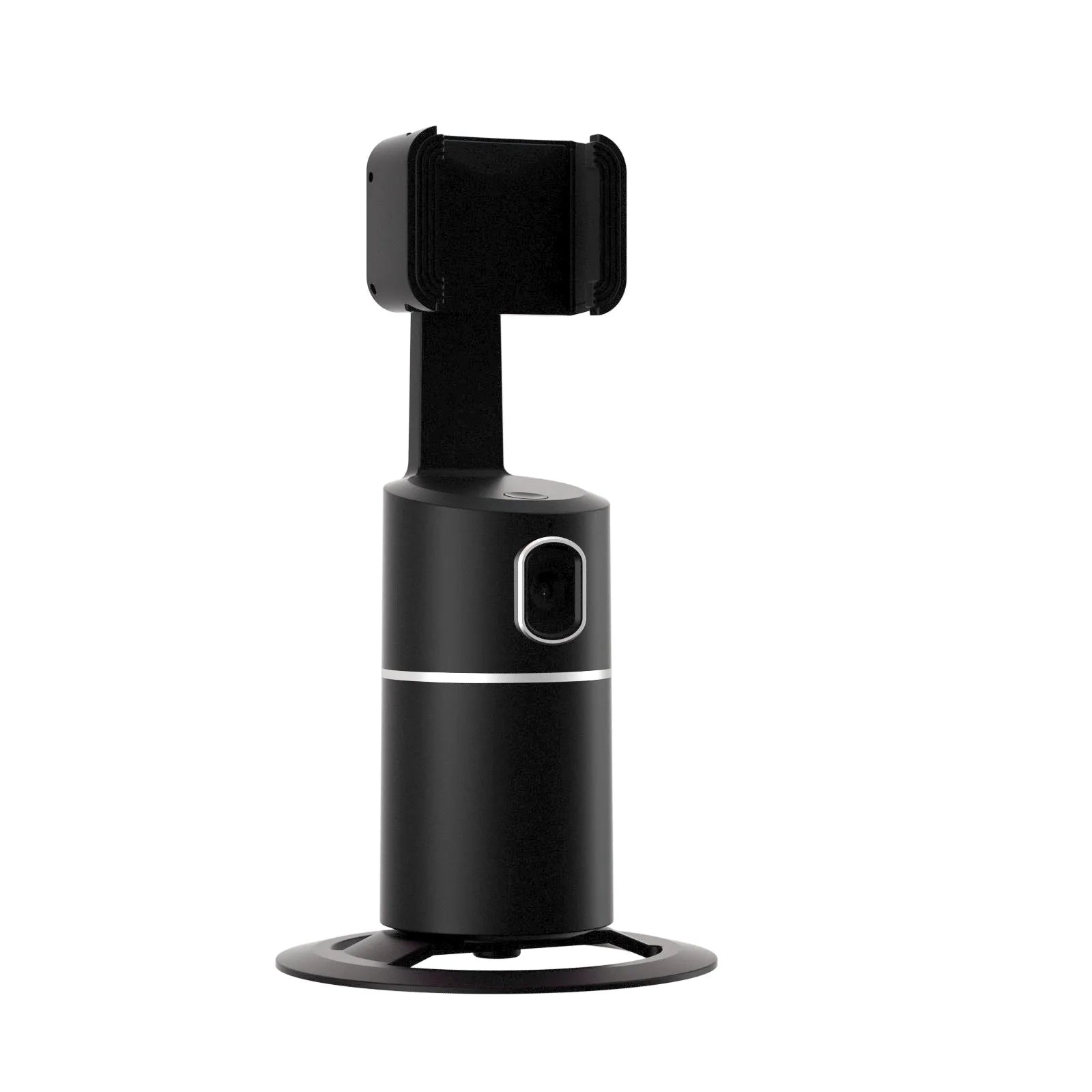 Black smartphone gimbal with clip, showing 360-degree rotation and AI face tracking features for video stabilisation