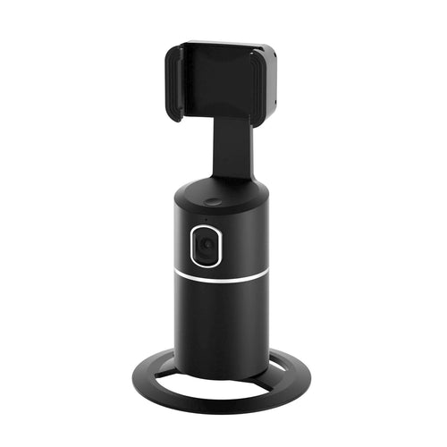 Black smartphone gimbal with clip, showing 360-degree rotation and AI face tracking features for video stabilisation
