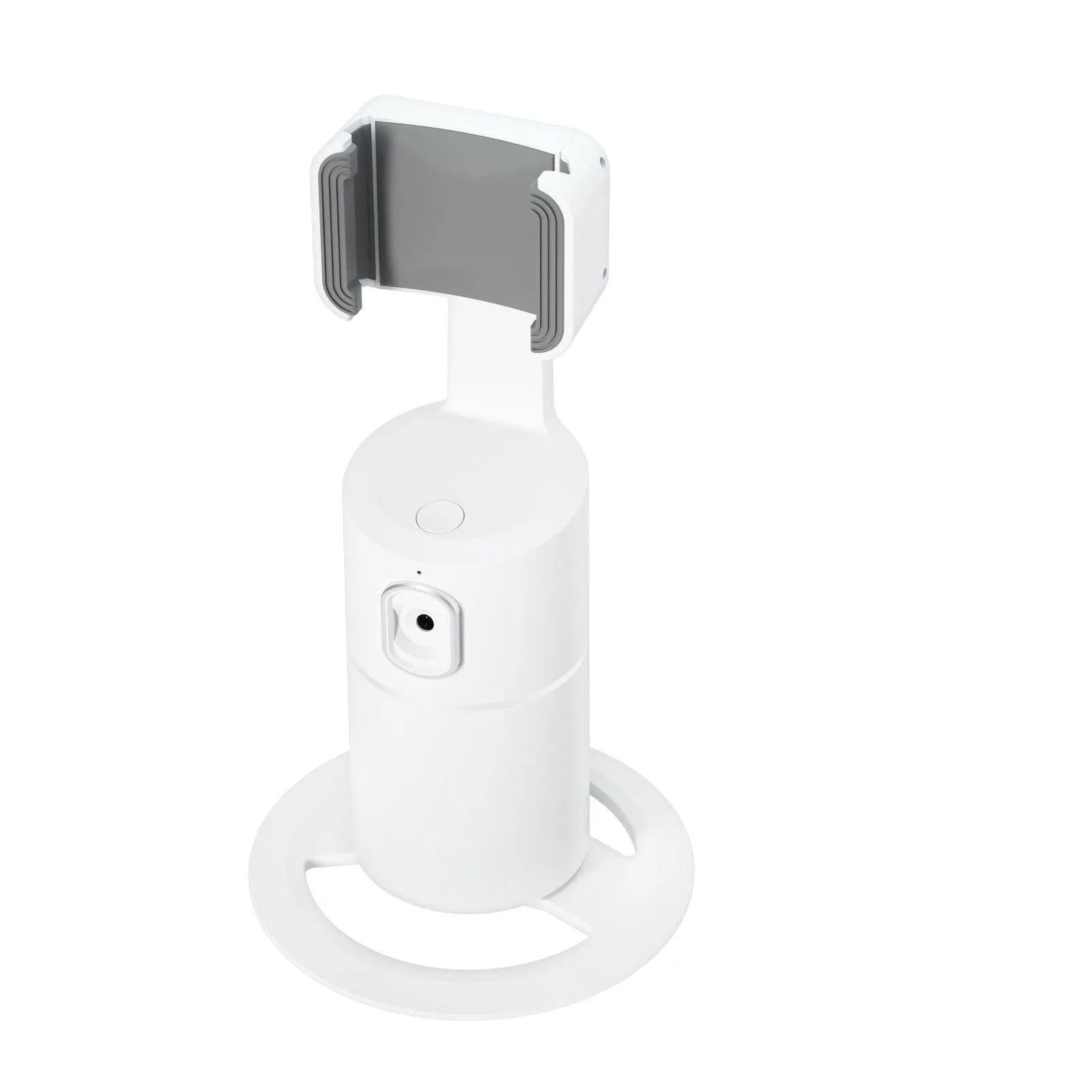 Black smartphone gimbal with clip, showing 360-degree rotation and AI face tracking features for video stabilisation