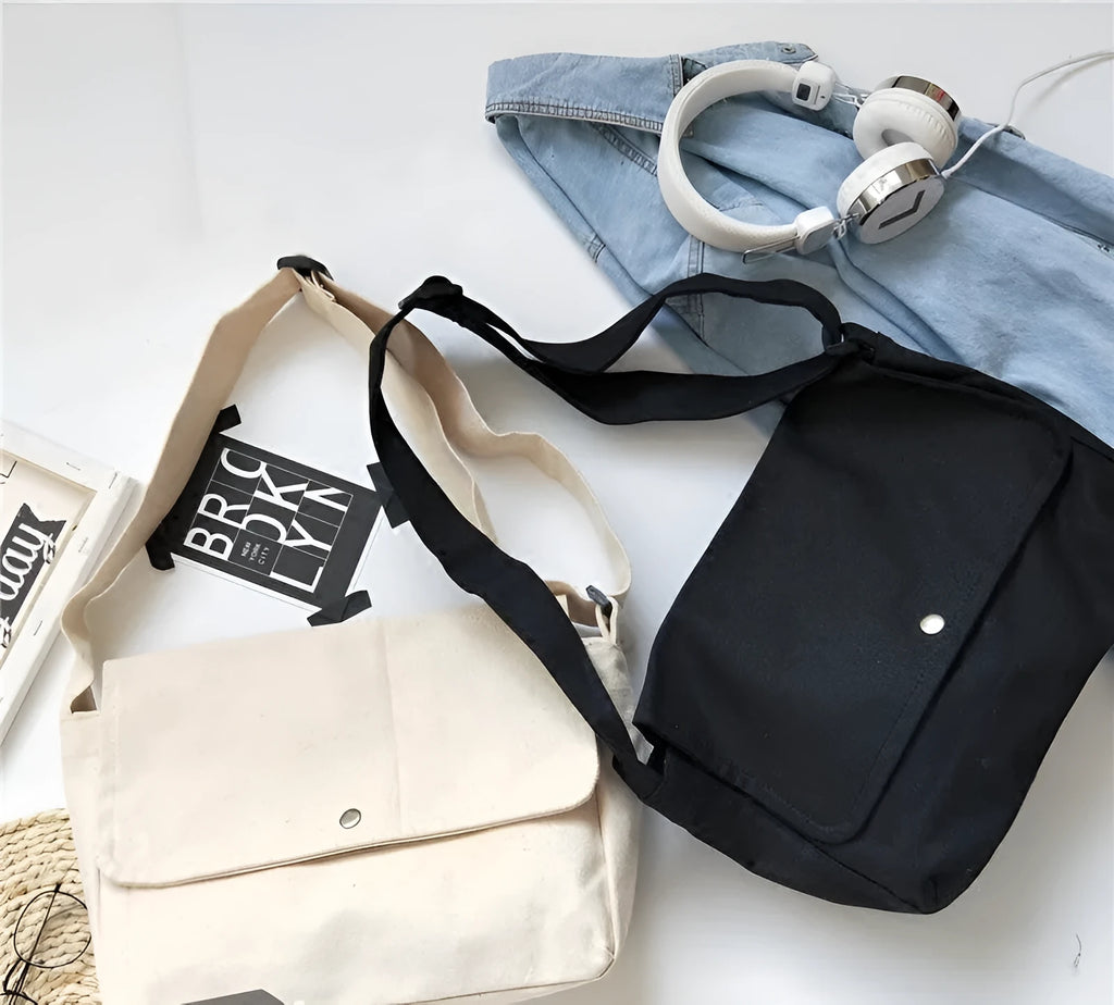 Canvas messenger bag horizontal square shape 21x32cm black white adjustable shoulder strap