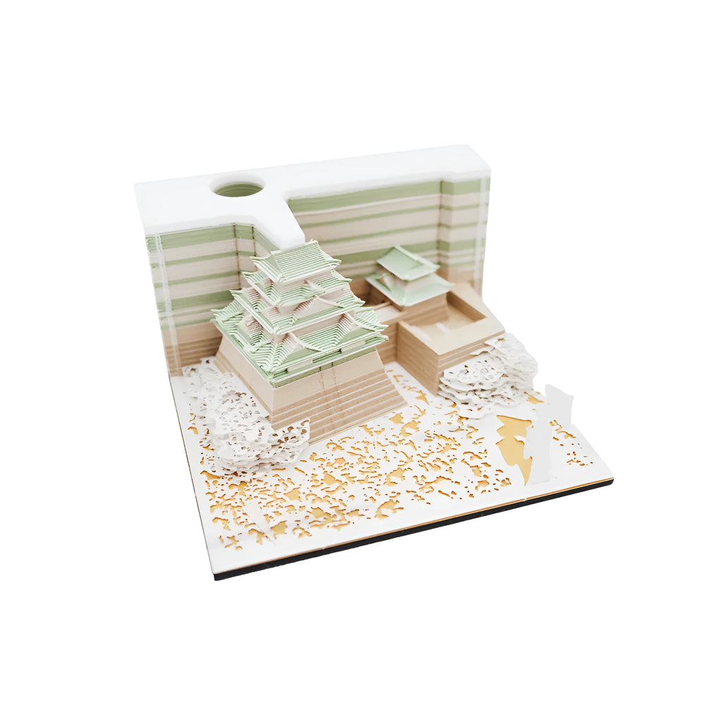 Three-dimensional white specialty paper architectural model of the Tianshou Tower from Spirited Away.
