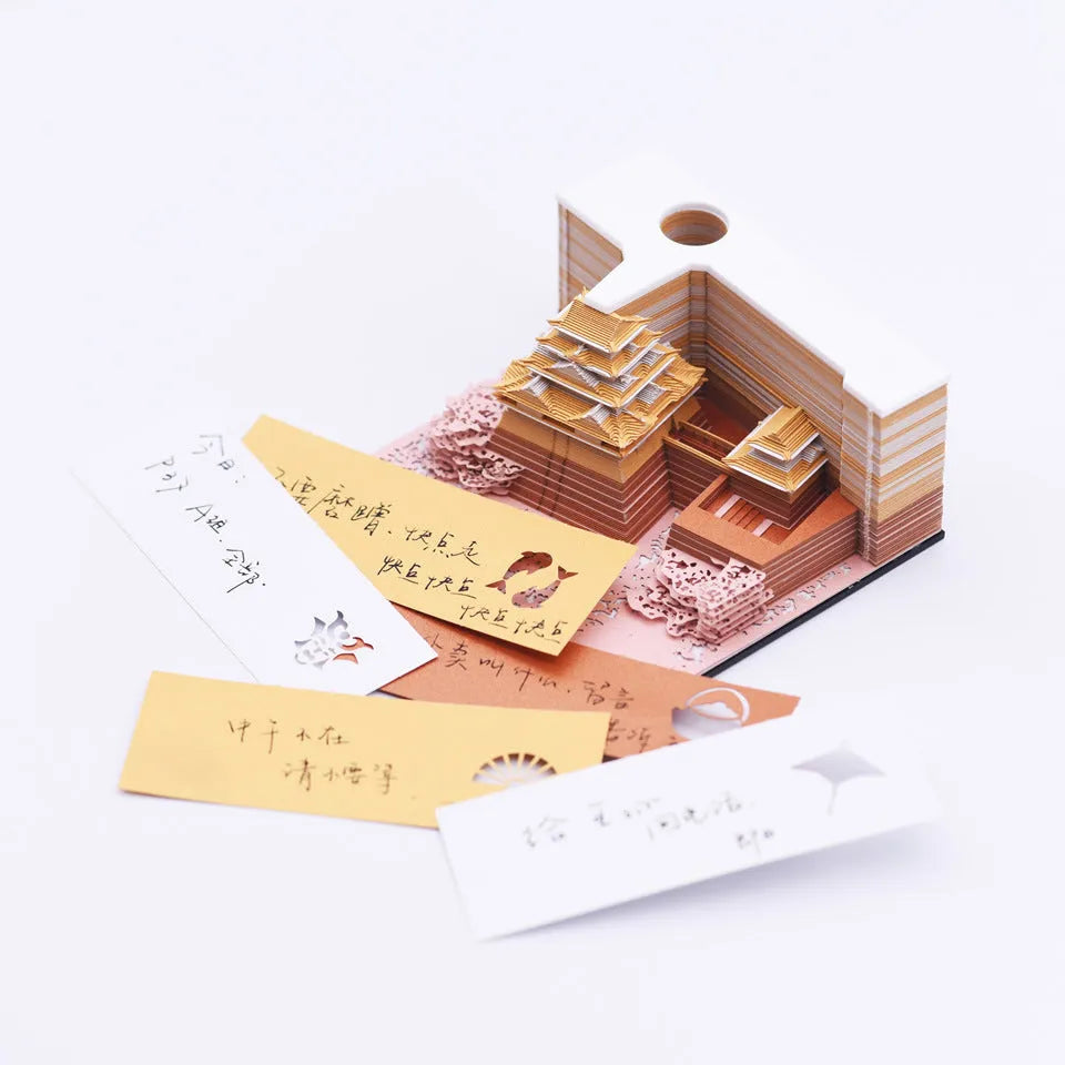 Three-dimensional white specialty paper architectural model of the Tianshou Tower from Spirited Away.