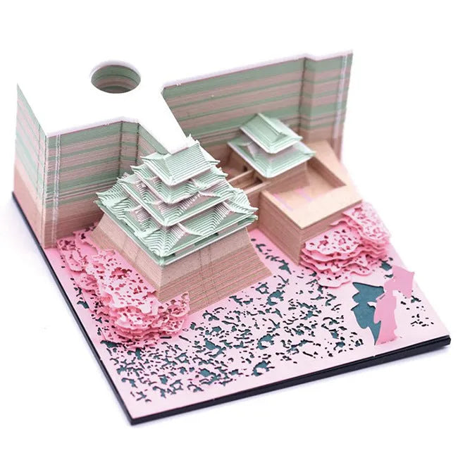Three-dimensional white specialty paper architectural model of the Tianshou Tower from Spirited Away.