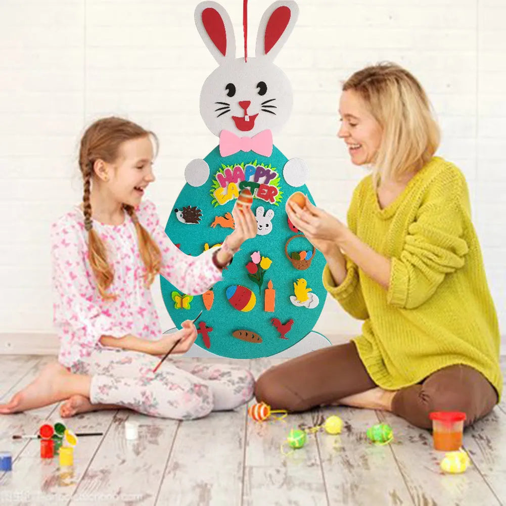 Easter felt bunny pendant with 7 detachable egg patches, 89 cm x 51 cm, for wall or door decoration