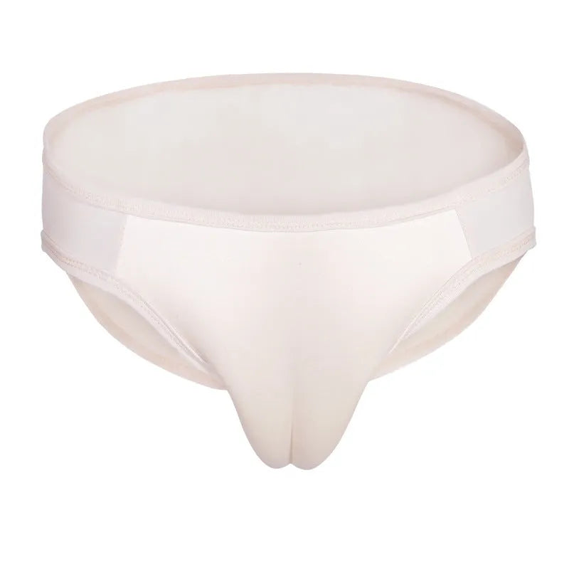 Pseudo-girl panties hide one-piece dildo pants in cotton, skin tone colour, rear view showing concealed design.