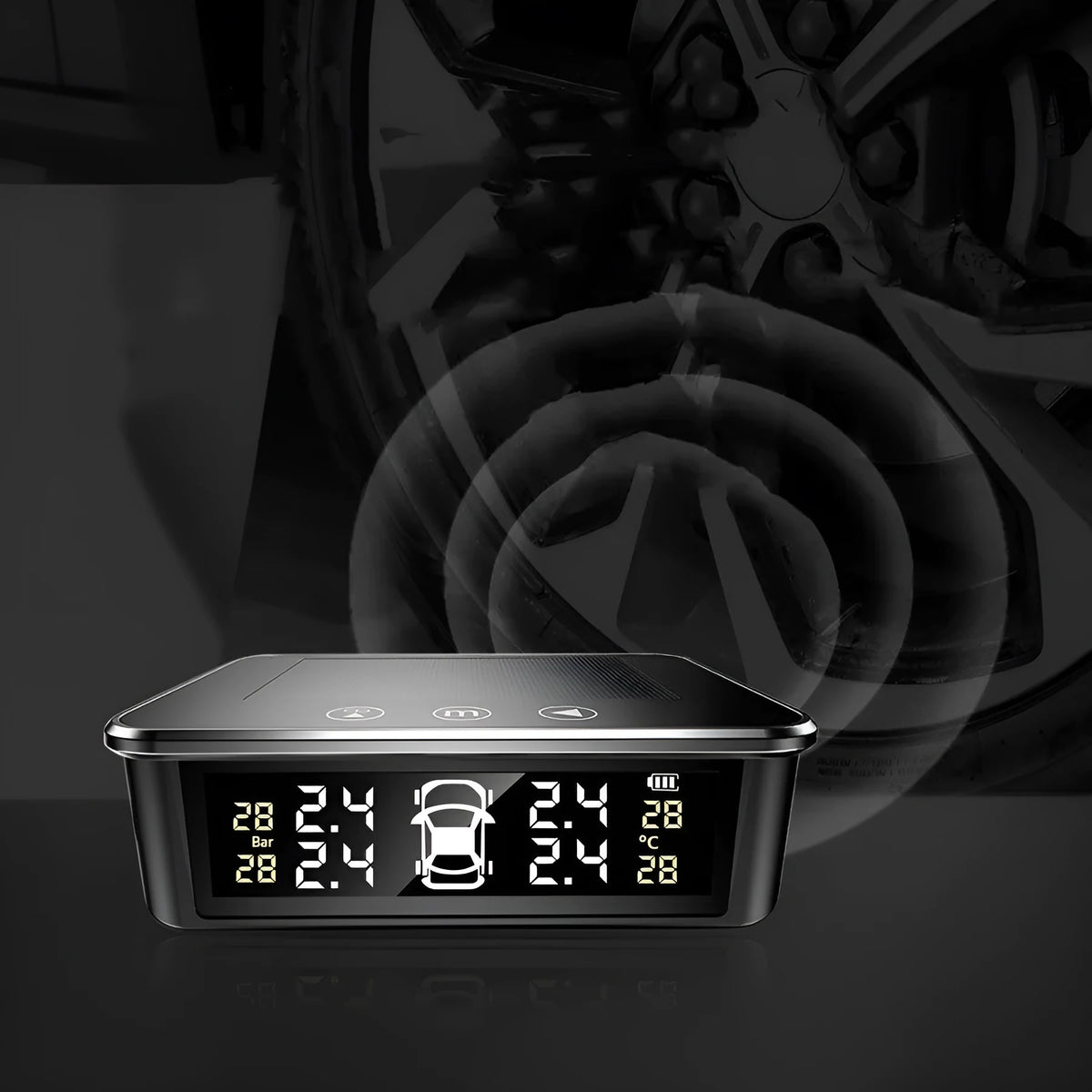 Vehicle tyre pressure monitoring system with digital colour display and external sensors on a car dashboard