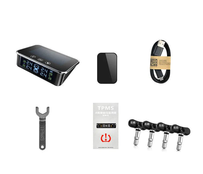 Vehicle tyre pressure monitoring system with digital colour display and external sensors on a car dashboard