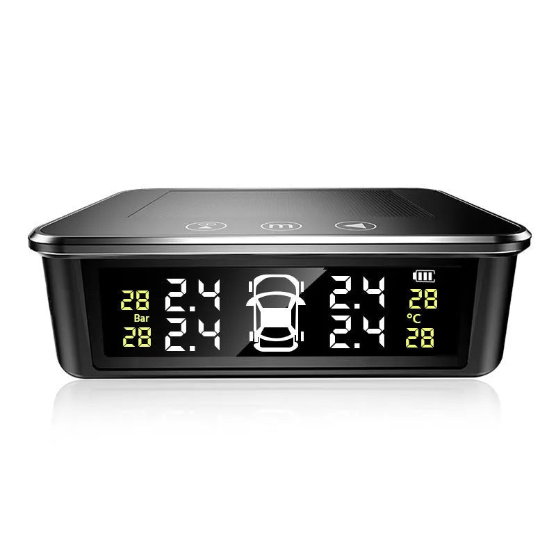 Vehicle tyre pressure monitoring system with digital colour display and external sensors on a car dashboard