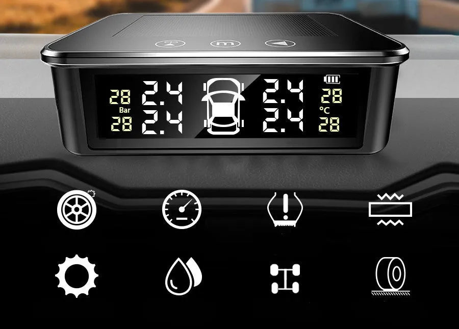 Vehicle tyre pressure monitoring system with digital colour display and external sensors on a car dashboard