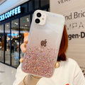 Glitter epoxy transparent phone case for iPhone 11 and iPhone 12 models on a table.