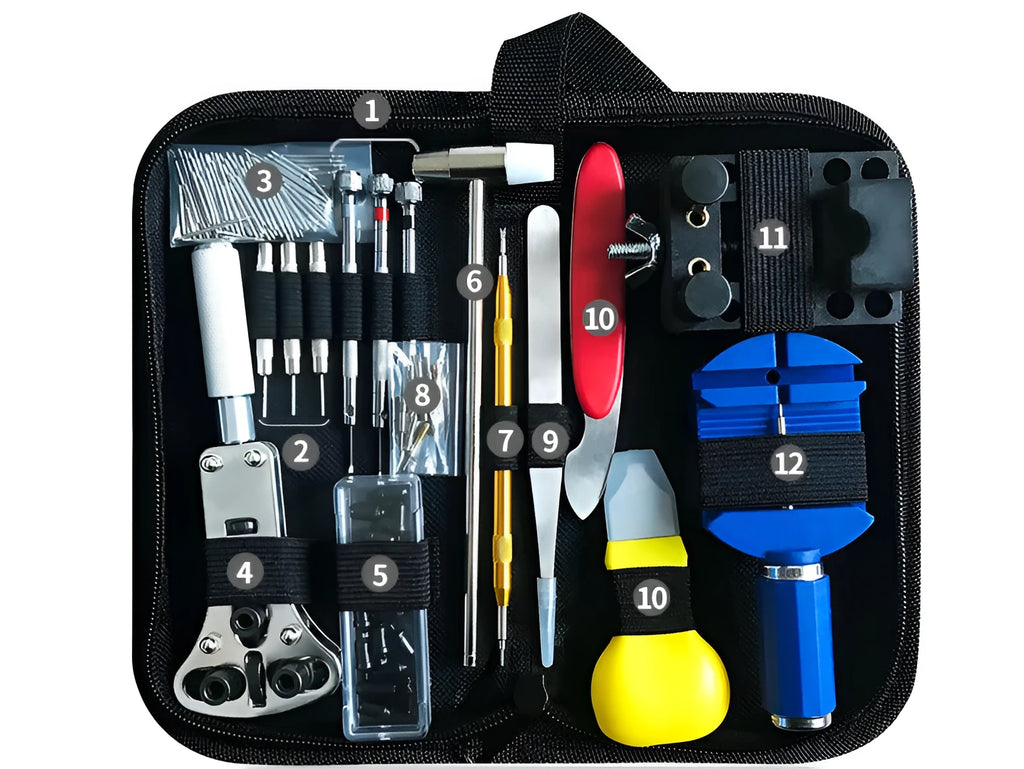 Andu 147-piece watch repair kit in black canvas case with chrome vanadium steel tools and strap remover