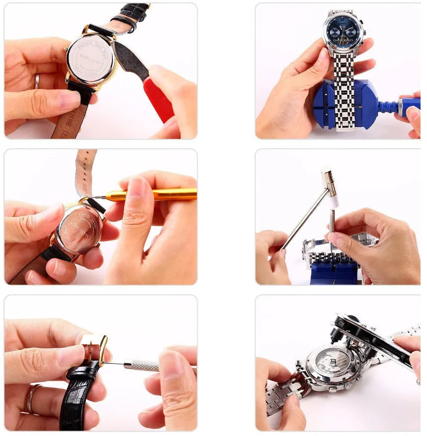 Andu 147-piece watch repair kit in black canvas case with chrome vanadium steel tools and strap remover