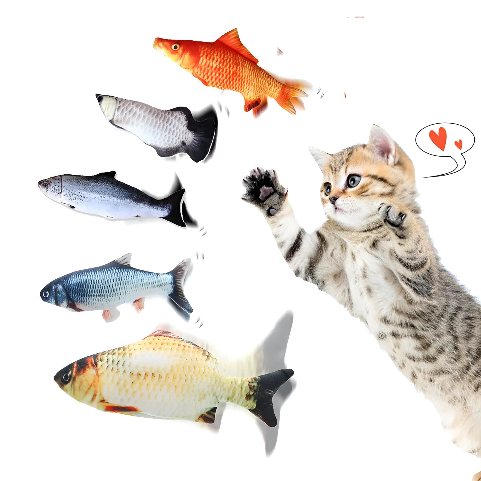 Plush bionic fish cat toy emulating beating fish motion, available in four styles