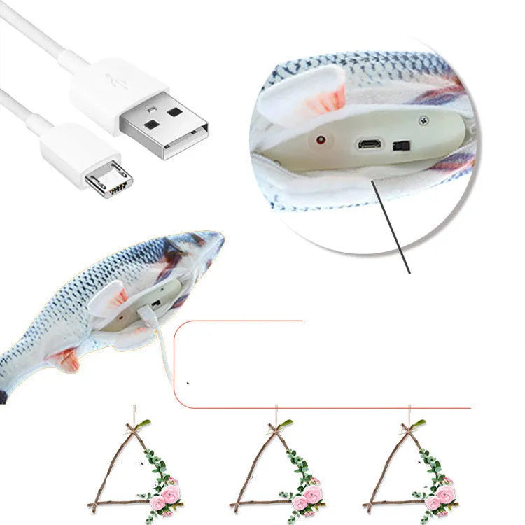 Plush bionic fish cat toy emulating beating fish motion, available in four styles