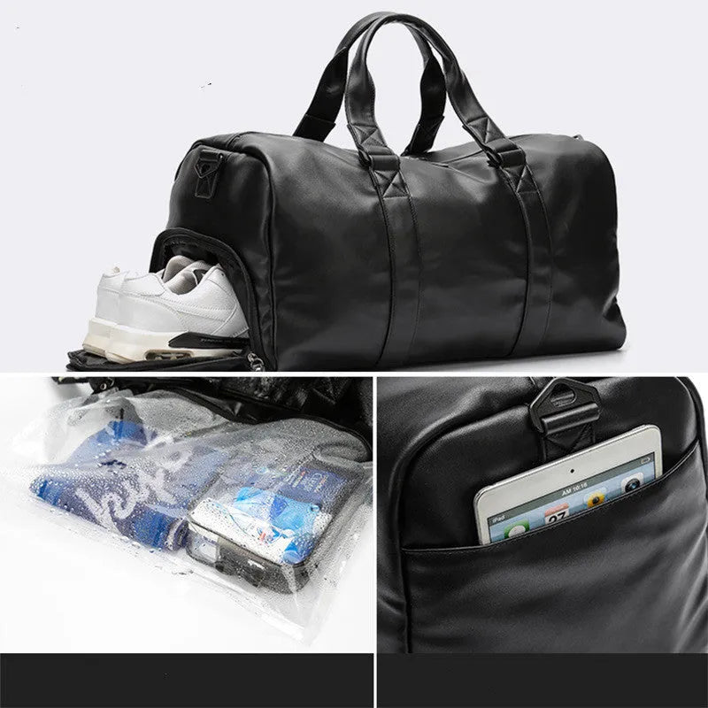 Large black waterproof PU leather sports bag showing internal organiser with laptop and camera pockets.