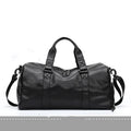 Large black waterproof PU leather sports bag showing internal organiser with laptop and camera pockets.
