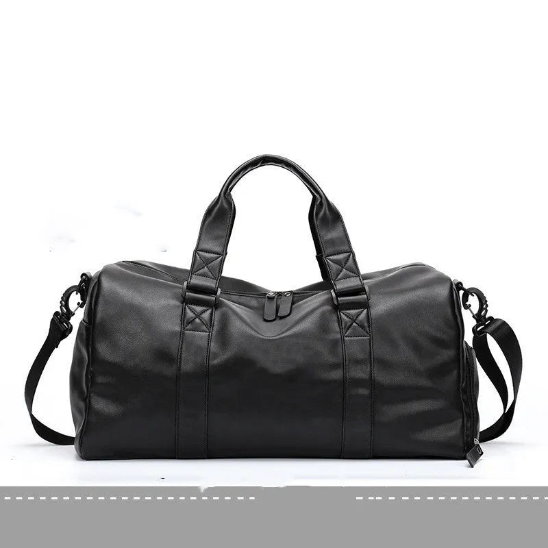 Large black waterproof PU leather sports bag showing internal organiser with laptop and camera pockets.