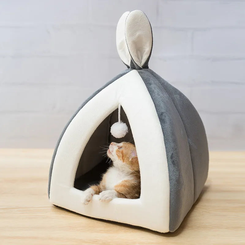 Grey cloth cat house villa bed for indoor cats and small dogs with integrated cushion