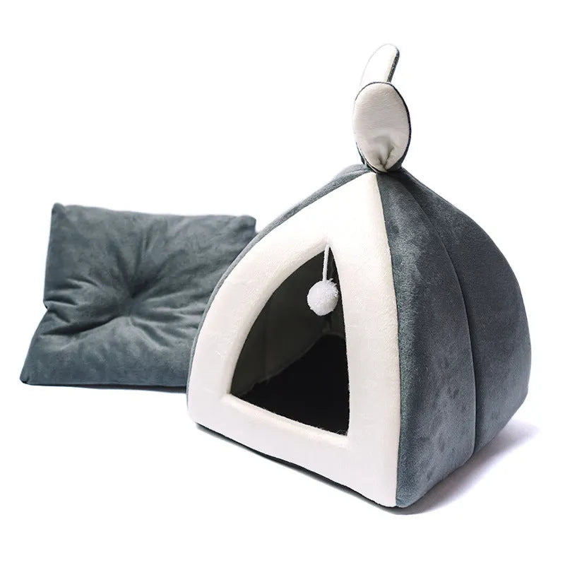 Grey cloth cat house villa bed for indoor cats and small dogs with integrated cushion