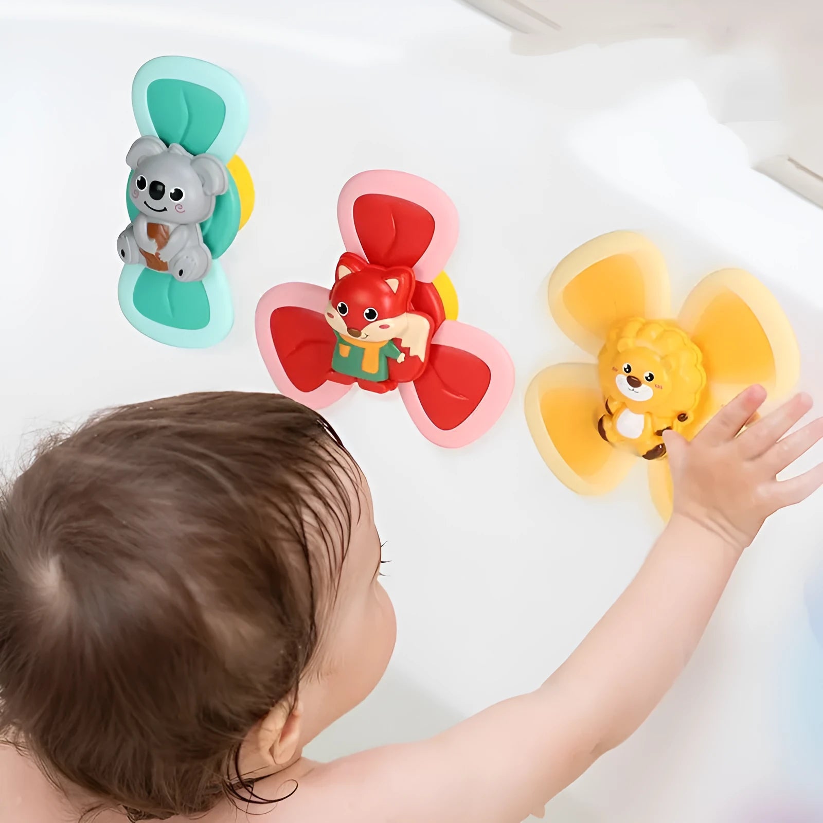 Spinning top baby sucker toy with suction cup in 3PCS set, plastic, 18x8.5x13.5cm, for bath and feeding play
