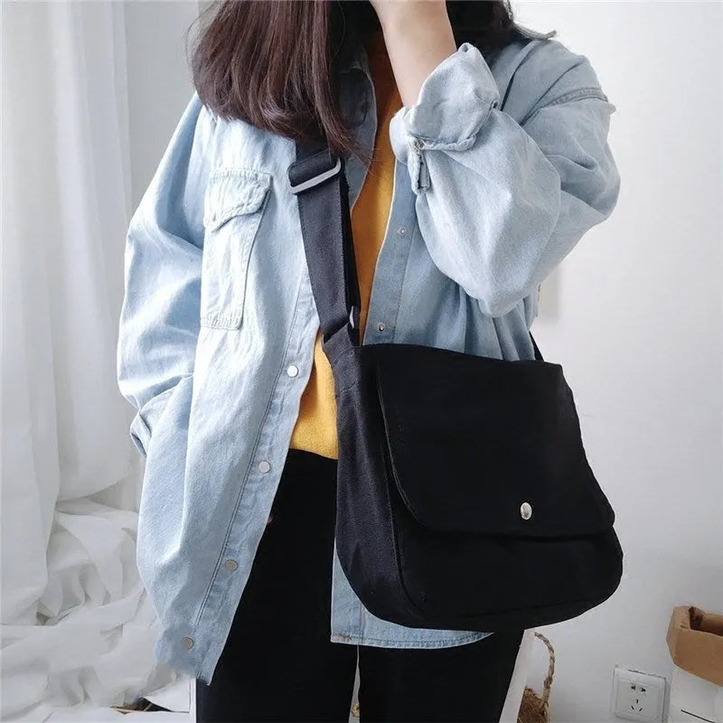 Canvas messenger bag horizontal square shape 21x32cm black white adjustable shoulder strap