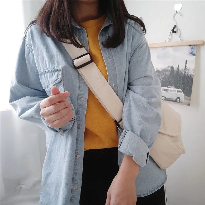 Canvas messenger bag horizontal square shape 21x32cm black white adjustable shoulder strap