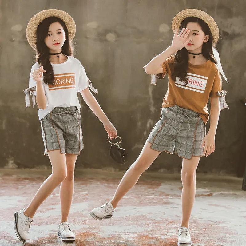 Kids short sleeve shorts set in knitted cotton, Brown or White, sizes 110cm to 160cm