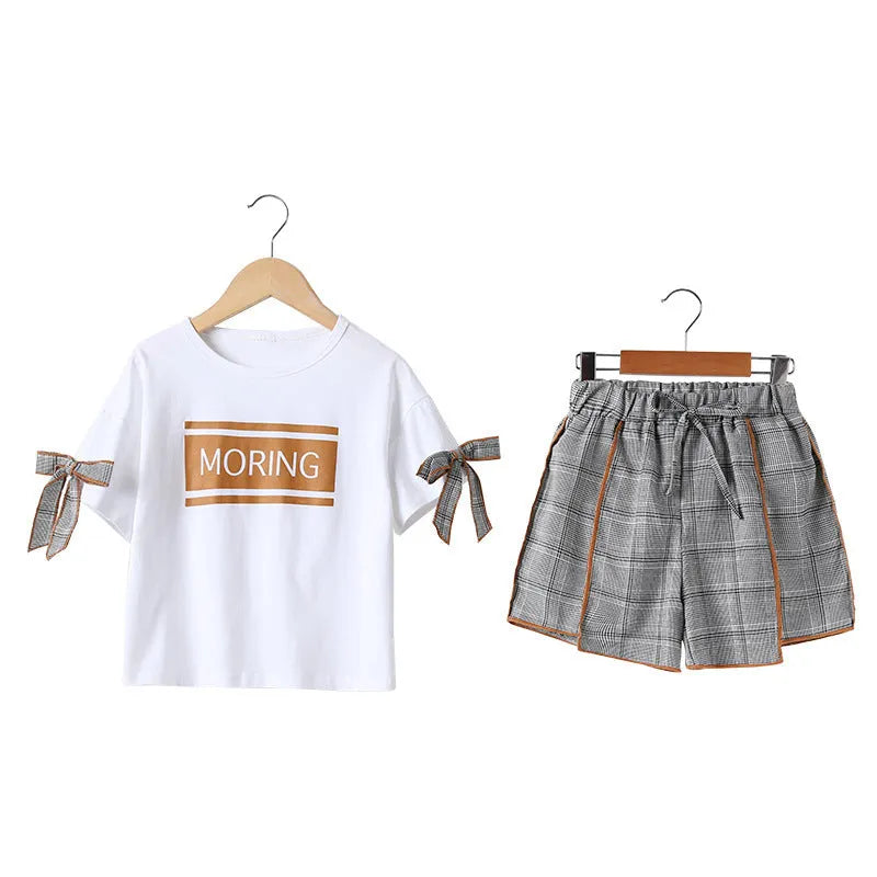 Kids short sleeve shorts set in knitted cotton, Brown or White, sizes 110cm to 160cm