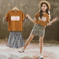 Kids short sleeve shorts set in knitted cotton, Brown or White, sizes 110cm to 160cm