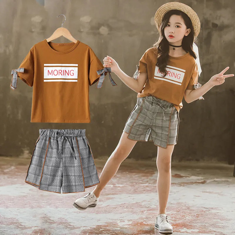 Kids short sleeve shorts set in knitted cotton, Brown or White, sizes 110cm to 160cm