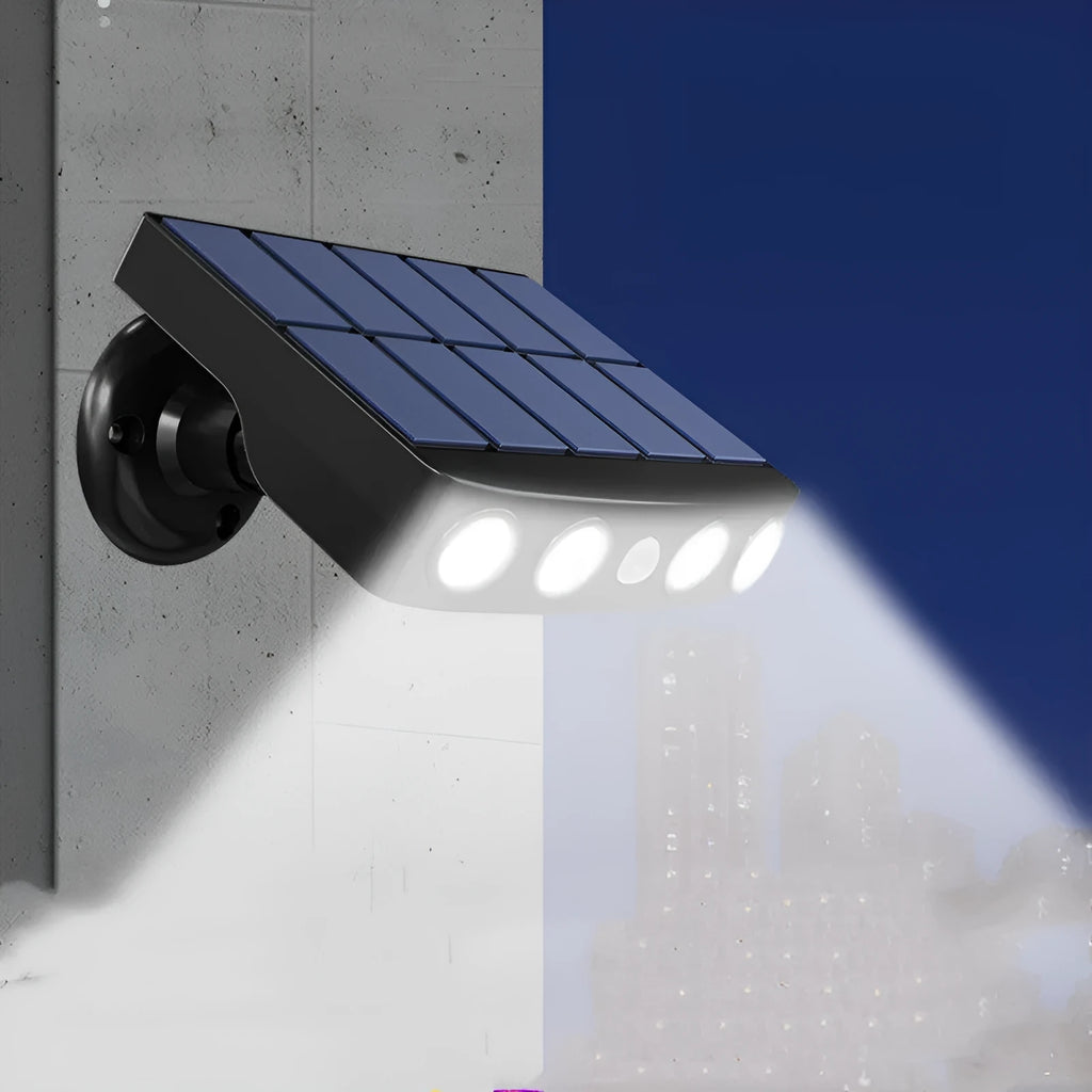 Solar-powered security wall lamp with motion sensor in black or white finish