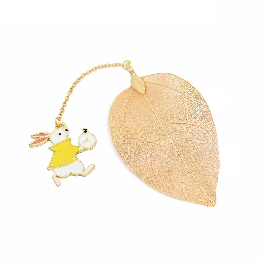 KC alloy leaf bookmark with Alice, rabbit, or clock charm design showing detailed dimensions