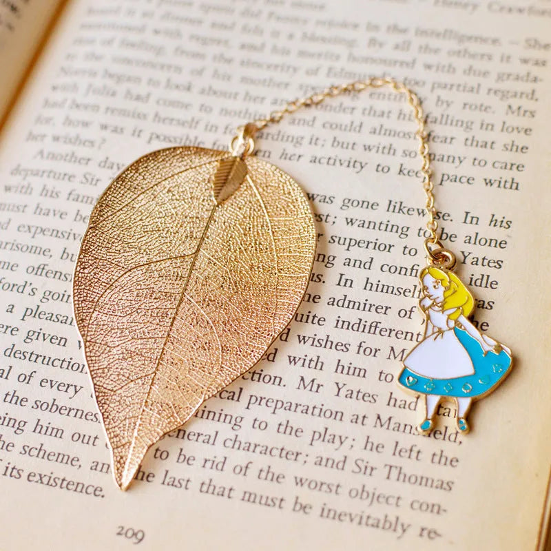 KC alloy leaf bookmark with Alice, rabbit, or clock charm design showing detailed dimensions