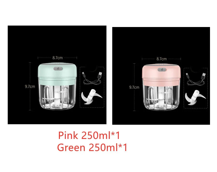 Wireless mini baby food processor with electric blade, USB charging, pink and green colour options, 100ml and 250ml capacity