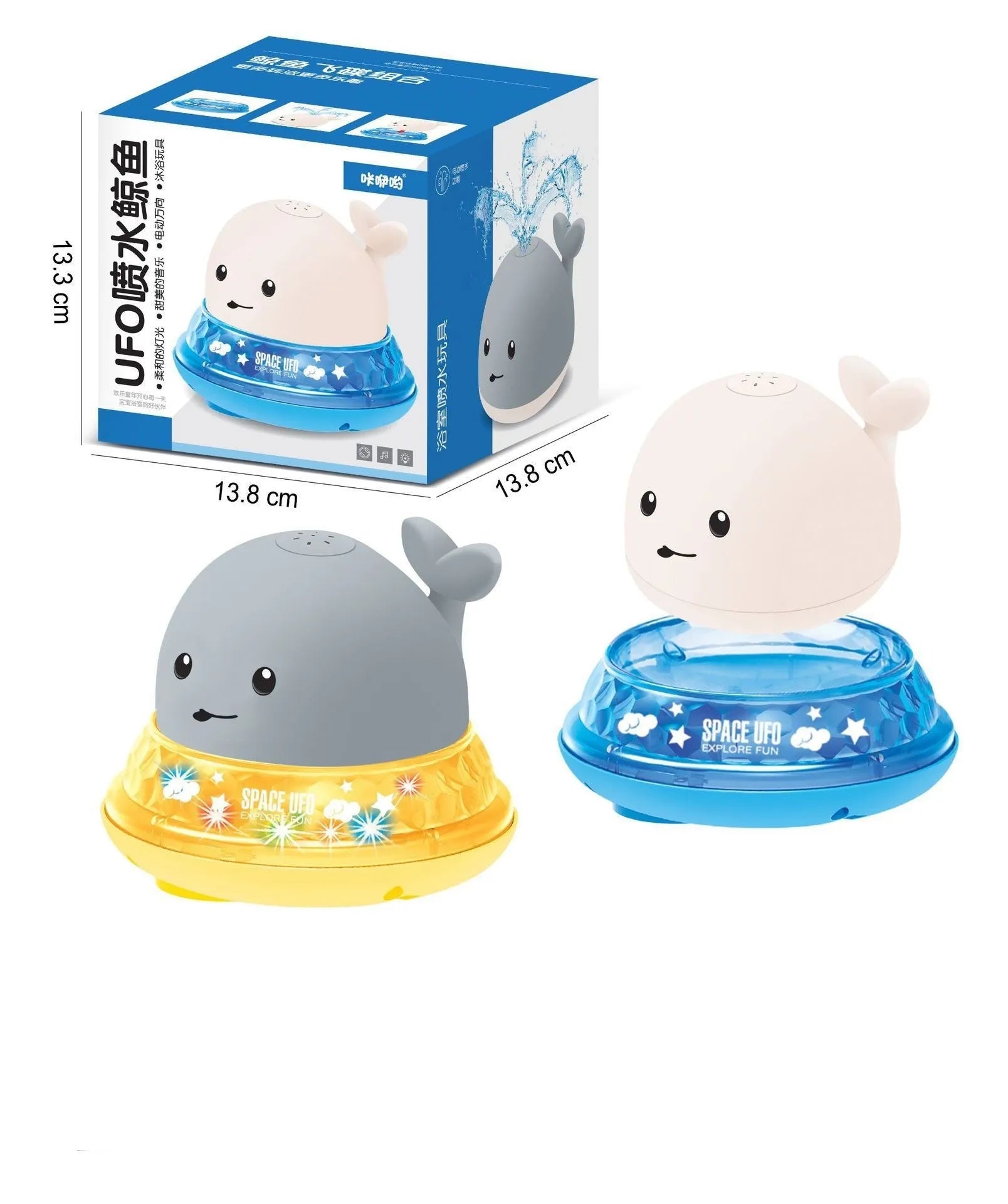Grey and white whale bath toy spraying water with LED lights on water surface