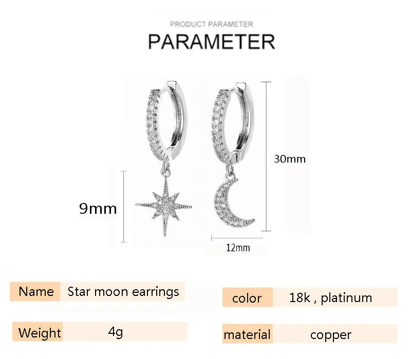 Fashion Star Moon asymmetric earrings copper micro inlay gold gems 30x12cm women's jewellery