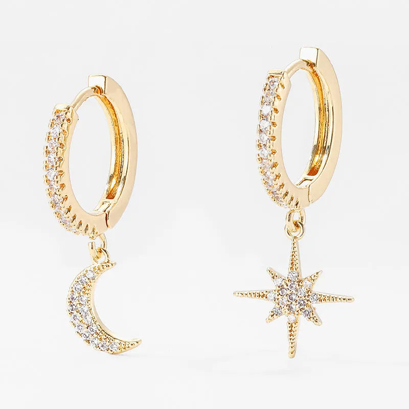 Fashion Star Moon asymmetric earrings copper micro inlay gold gems 30x12cm women's jewellery
