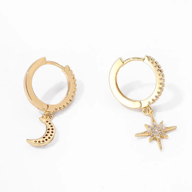 Fashion Star Moon asymmetric earrings copper micro inlay gold gems 30x12cm women's jewellery