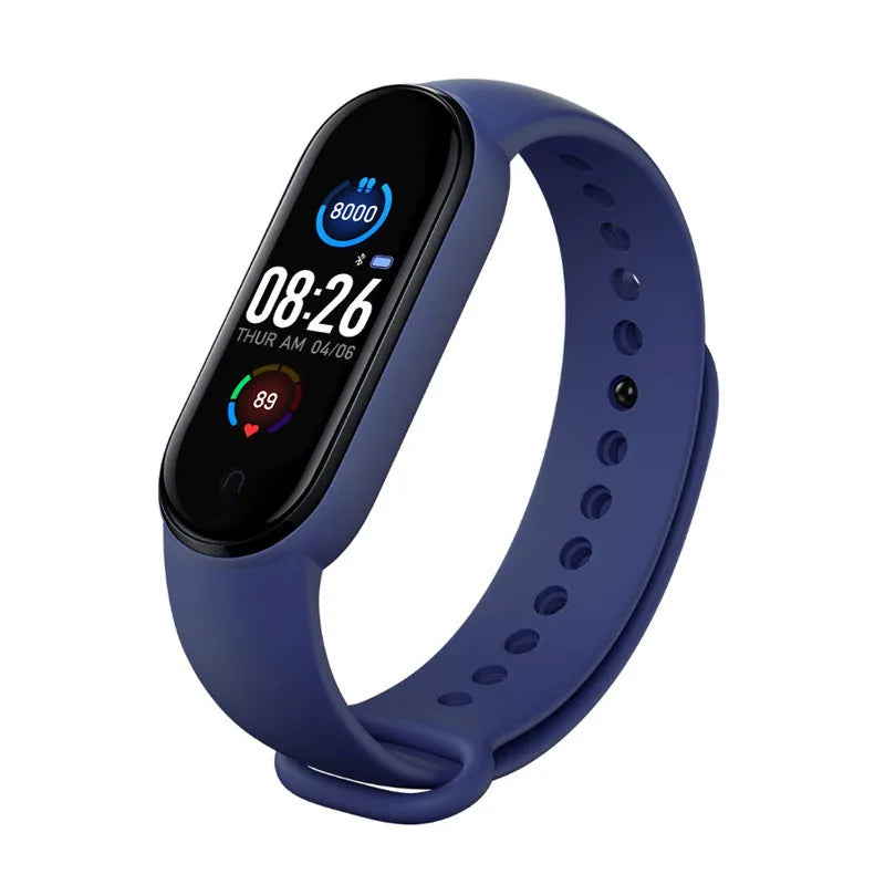M5 smart bracelet in black showing heart rate display on 0.96-inch screen with wrist strap
