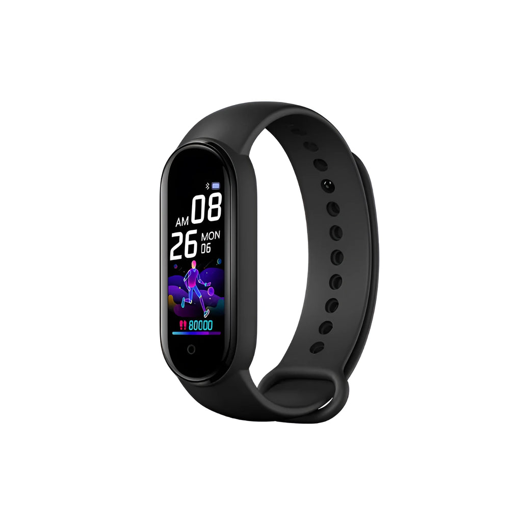 M5 smart bracelet in black showing heart rate display on 0.96-inch screen with wrist strap